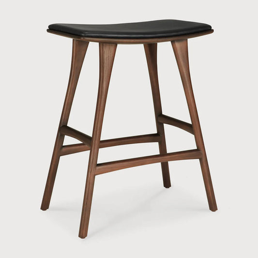 Viburn Shop | Osso Counter Stool, Varnished Teak, Brown, Black Leather