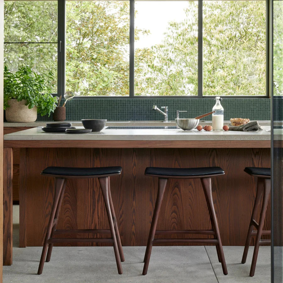 Viburn Shop | Osso Counter Stool, Varnished Teak, Brown, Black Leather