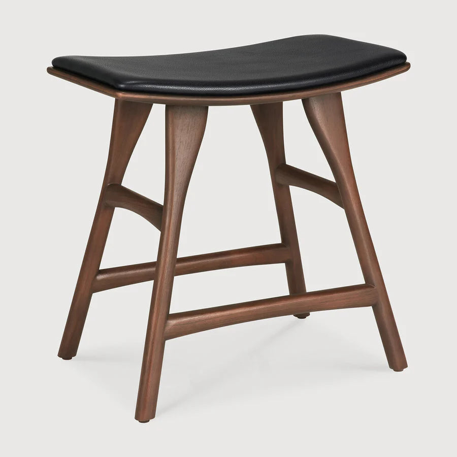 Viburn Shop | Osso Stool, Varnished Teak, Brown, Black Leather