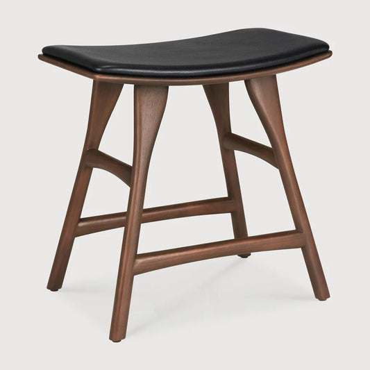 Viburn Shop | Osso Stool, Varnished Teak, Brown, Black Leather