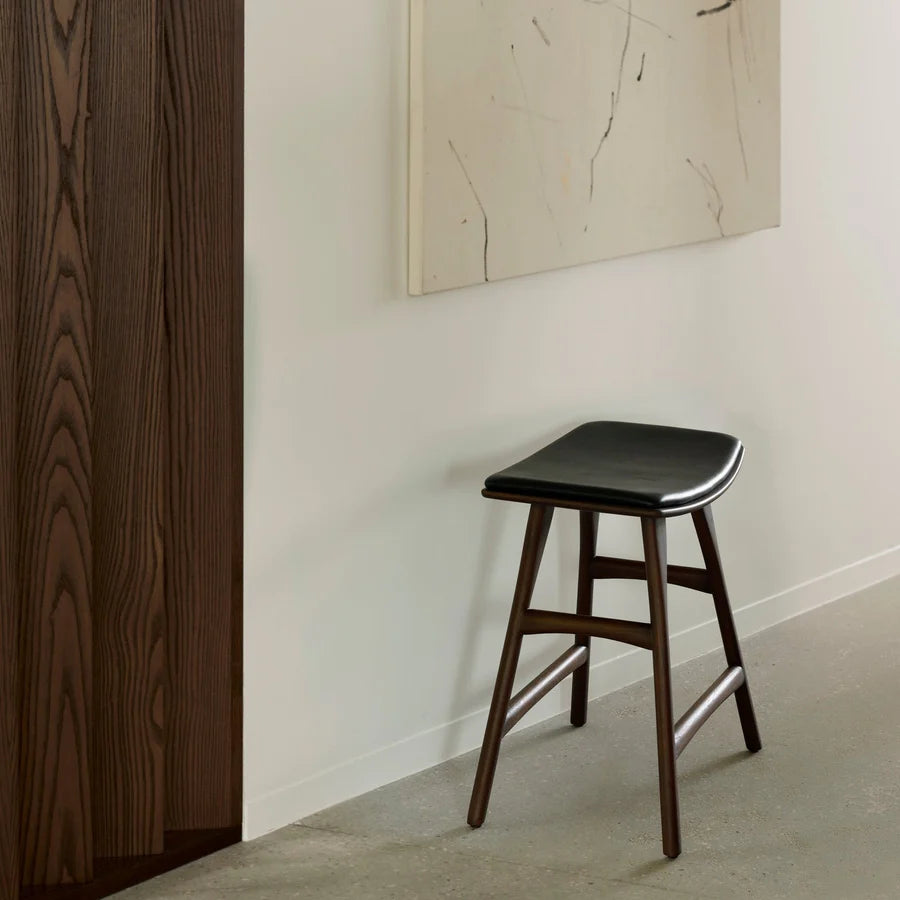 Viburn Shop | Osso Stool, Varnished Teak, Brown, Black Leather